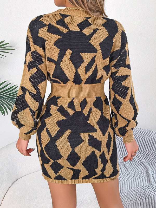 New casual color-blocked hollow lantern sleeve waisted sweater dress Shello's Creative Boutique