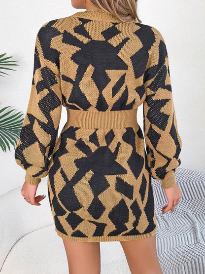 Casual Colour-Blocked Sweater Dress with Hollow Lantern Sleeves and Waist Design - Shello's Creative Boutique