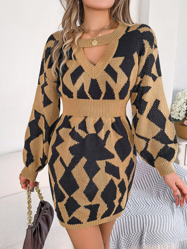 New casual color-blocked hollow lantern sleeve waisted sweater dress Shello's Creative Boutique