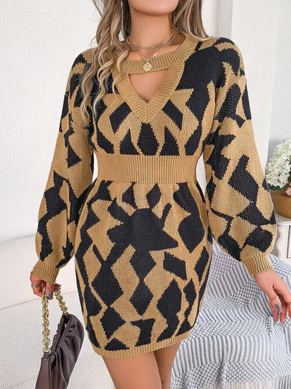 Casual Colour-Blocked Sweater Dress with Hollow Lantern Sleeves and Waist Design - Shello's Creative Boutique