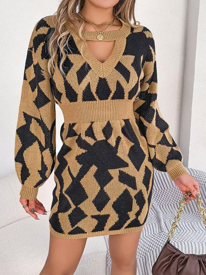 Casual Colour-Blocked Sweater Dress with Hollow Lantern Sleeves and Waist Design - Shello's Creative Boutique