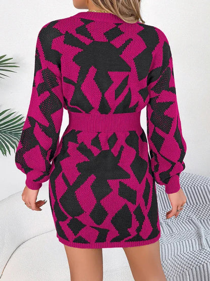 Casual Colour-Blocked Sweater Dress with Hollow Lantern Sleeves and Waist Design - Shello's Creative Boutique