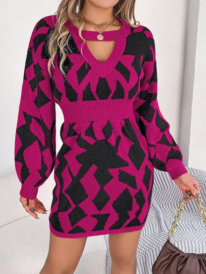 Casual Colour-Blocked Sweater Dress with Hollow Lantern Sleeves and Waist Design - Shello's Creative Boutique