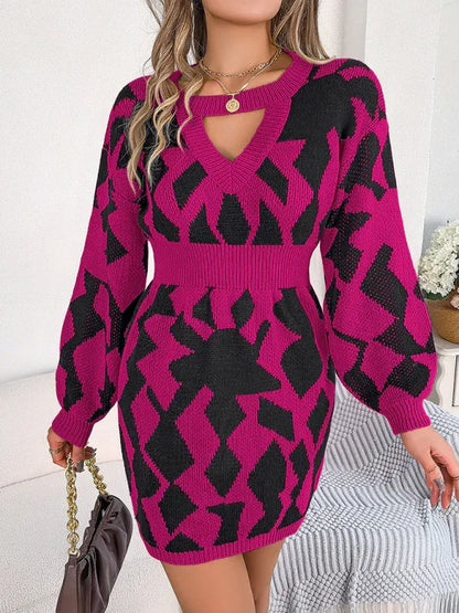 Casual Colour-Blocked Sweater Dress with Hollow Lantern Sleeves and Waist Design - Shello's Creative Boutique