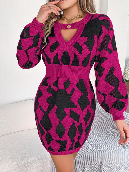 Casual Colour-Blocked Sweater Dress with Hollow Lantern Sleeves and Waist Design - Shello's Creative Boutique