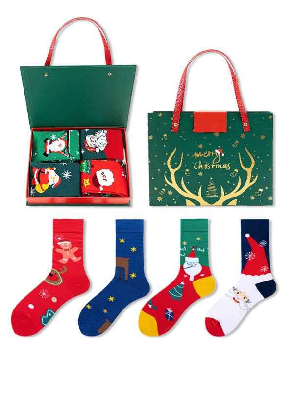 Christmas Santa Socks Gift Box Set - 4 Pairs Festive Cotton Socks for Holiday Fun - Shello's Creative Boutique