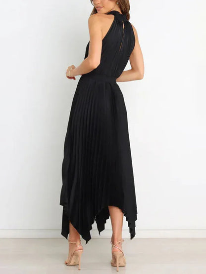 Women's Folded Sleeveless Halterneck V-Neck Irregular Skirt Dress – Chic, Confident, and Timeless - Shello's Creative Boutique