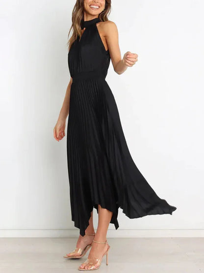 Women's Folded Sleeveless Halterneck V-Neck Irregular Skirt Dress – Chic, Confident, and Timeless - Shello's Creative Boutique