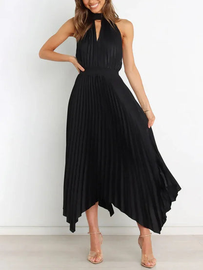 Women's Folded Sleeveless Halterneck V-Neck Irregular Skirt Dress – Chic, Confident, and Timeless - Shello's Creative Boutique