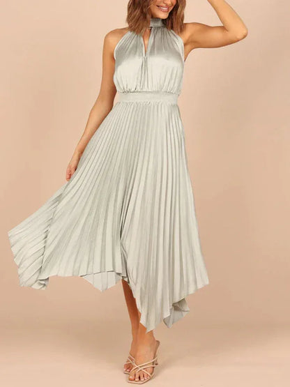 Women's Folded Sleeveless Halterneck V-Neck Irregular Skirt Dress – Chic, Confident, and Timeless - Shello's Creative Boutique