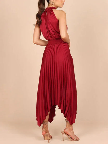 Women's Folded Sleeveless Halterneck V-Neck Irregular Skirt Dress – Chic, Confident, and Timeless - Shello's Creative Boutique