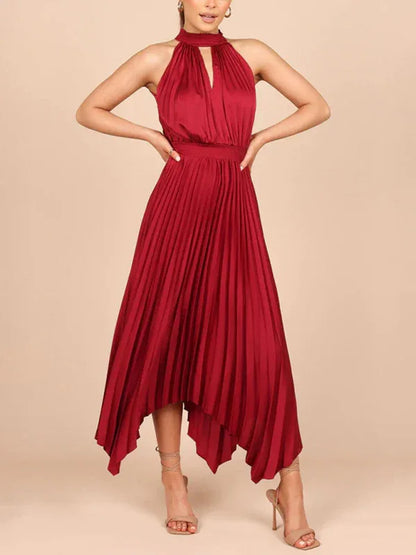 Women's Folded Sleeveless Halterneck V-Neck Irregular Skirt Dress – Chic, Confident, and Timeless - Shello's Creative Boutique