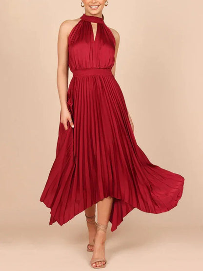 Women's Folded Sleeveless Halterneck V-Neck Irregular Skirt Dress – Chic, Confident, and Timeless - Shello's Creative Boutique