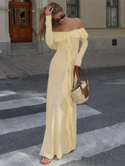 Women’s Slim-Fitting Long Dress with High Slit – Bold & Elegant One-Piece Neckline - Shello's Creative Boutique