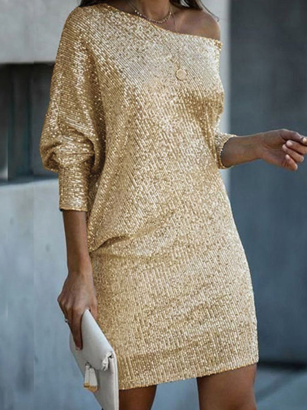 New women's midi skirt oblique shoulder sequin dress dress skirt Shello's Creative Boutique