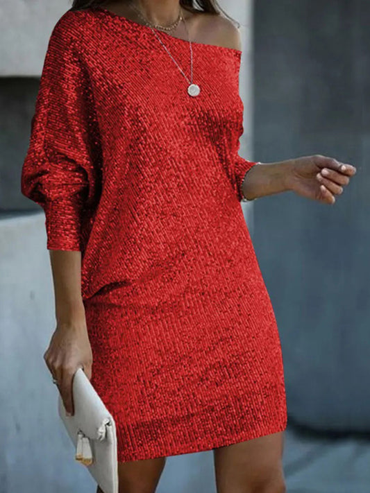New women's midi skirt oblique shoulder sequin dress dress skirt Shello's Creative Boutique