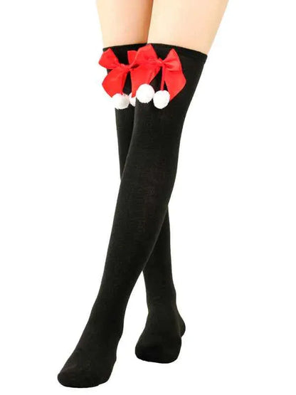 New Christmas Striped Over the Knee Socks for Women - Bow Design Ball Socks - Shello's Creative Boutique
