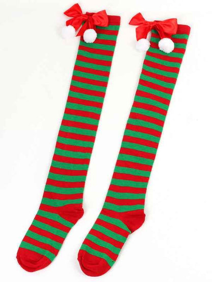 New Christmas Striped Over the Knee Socks for Women - Bow Design Ball Socks - Shello's Creative Boutique