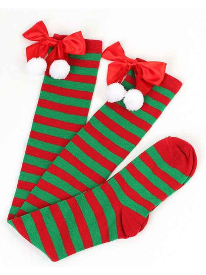 New Christmas Striped Over the Knee Socks for Women - Bow Design Ball Socks - Shello's Creative Boutique