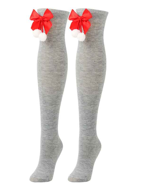 New bow Christmas socks ball socks over the knee socks women's long Christmas striped stockings
