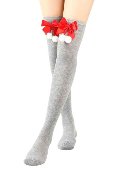 New Christmas Striped Over the Knee Socks for Women - Bow Design Ball Socks - Shello's Creative Boutique