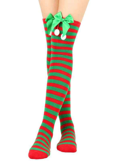 New Christmas Striped Over the Knee Socks for Women - Bow Design Ball Socks - Shello's Creative Boutique