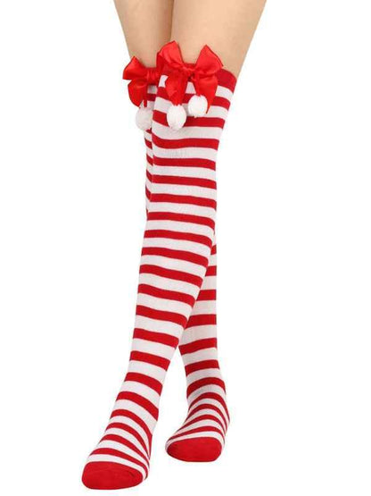 New Christmas Striped Over the Knee Socks for Women - Bow Design Ball Socks - Shello's Creative Boutique