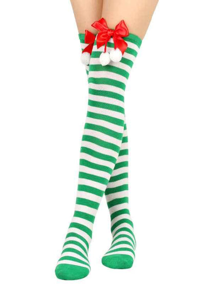 New Christmas Striped Over the Knee Socks for Women - Bow Design Ball Socks - Shello's Creative Boutique