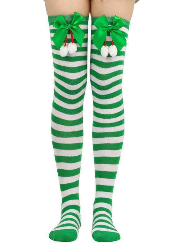 New bow Christmas socks ball socks over the knee socks women's long Christmas striped stockings