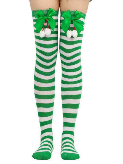 New Christmas Striped Over the Knee Socks for Women - Bow Design Ball Socks - Shello's Creative Boutique