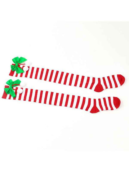 New Christmas Striped Over the Knee Socks for Women - Bow Design Ball Socks - Shello's Creative Boutique