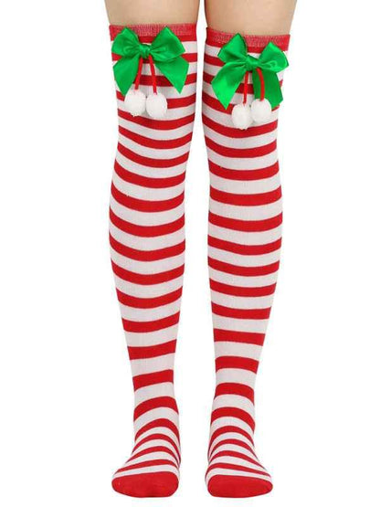 New Christmas Striped Over the Knee Socks for Women - Bow Design Ball Socks - Shello's Creative Boutique
