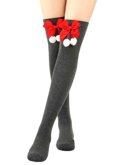 New Christmas Striped Over the Knee Socks for Women - Bow Design Ball Socks - Shello's Creative Boutique