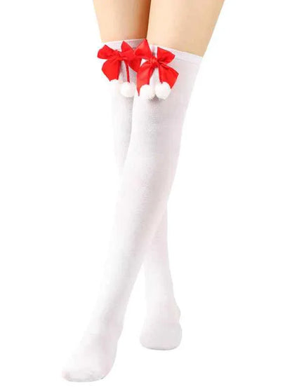 New Christmas Striped Over the Knee Socks for Women - Bow Design Ball Socks - Shello's Creative Boutique