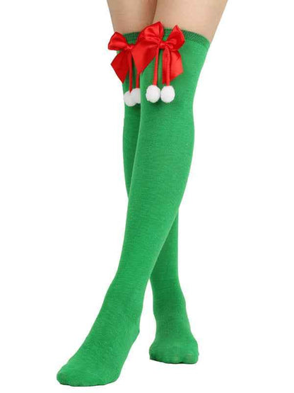 New Christmas Striped Over the Knee Socks for Women - Bow Design Ball Socks - Shello's Creative Boutique
