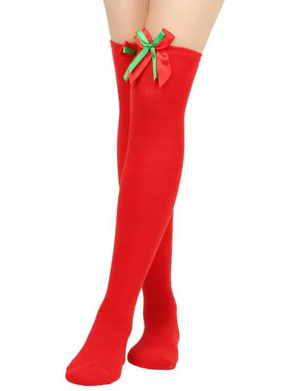 New Christmas Striped Over the Knee Socks for Women - Bow Design Ball Socks - Shello's Creative Boutique