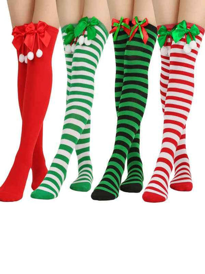 New Christmas Striped Over the Knee Socks for Women - Bow Design Ball Socks - Shello's Creative Boutique