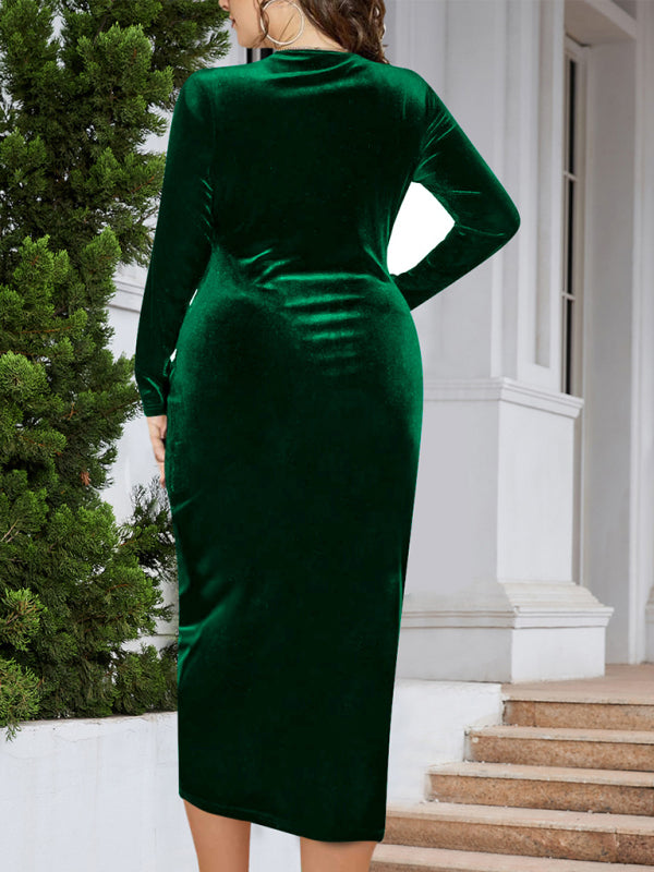 Gold velvet V-neck bodycon and sexy pleated wrap dress Shello's Creative Boutique