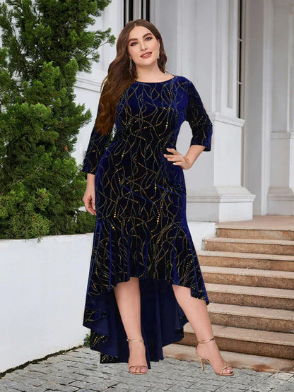 Three-Quarter Sleeve Mermaid High-Low Hem Maxi Velvet Dress – Shello's Creative Boutique - Shello's Creative Boutique