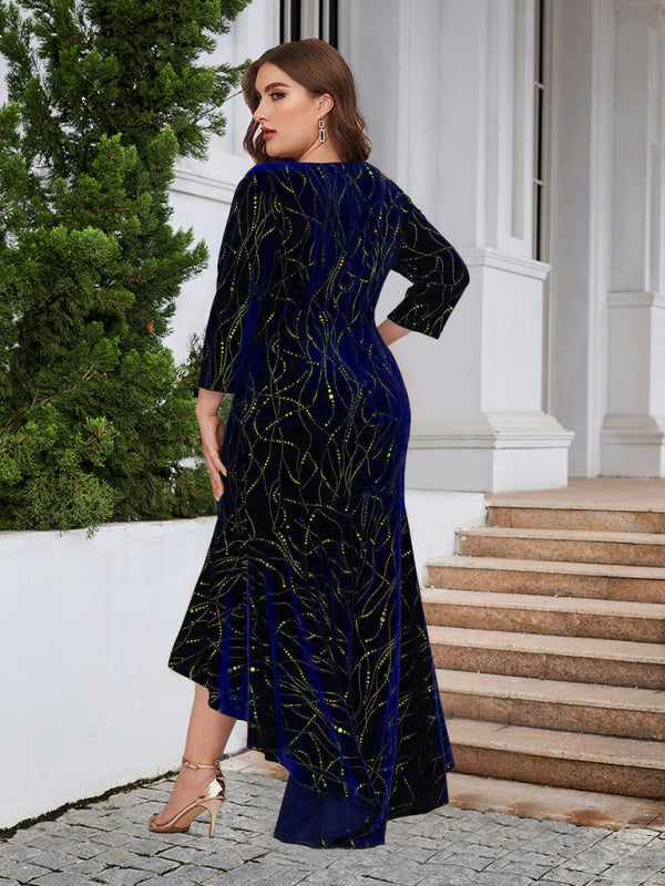 Three-quarter sleeve mermaid high-low hem maxi velvet dress Shello's Creative Boutique