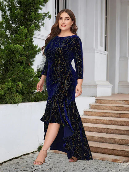 Three-Quarter Sleeve Mermaid High-Low Hem Maxi Velvet Dress – Shello's Creative Boutique - Shello's Creative Boutique