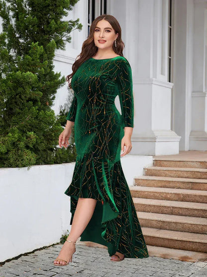 Three-Quarter Sleeve Mermaid High-Low Hem Maxi Velvet Dress – Shello's Creative Boutique - Shello's Creative Boutique