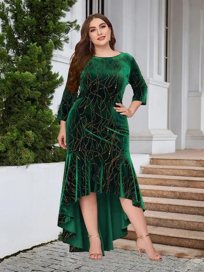 Three-Quarter Sleeve Mermaid High-Low Hem Maxi Velvet Dress – Shello's Creative Boutique - Shello's Creative Boutique