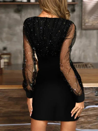 Mesh V-Neck Sequined Long-Sleeved Slim Dress for Women - Shello's Creative Boutique