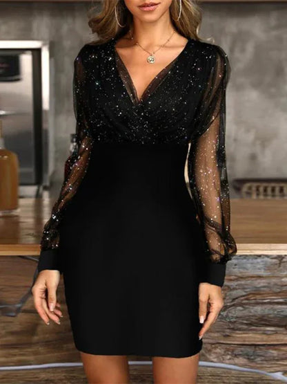 Mesh V-Neck Sequined Long-Sleeved Slim Dress for Women - Shello's Creative Boutique