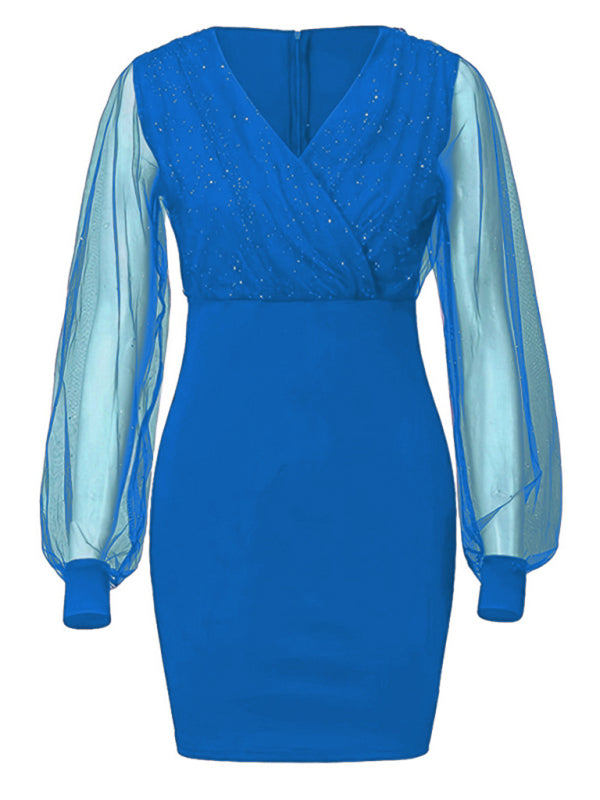Mesh V-neck sequined long-sleeved dress slim dress for women Shello Creative Boutique