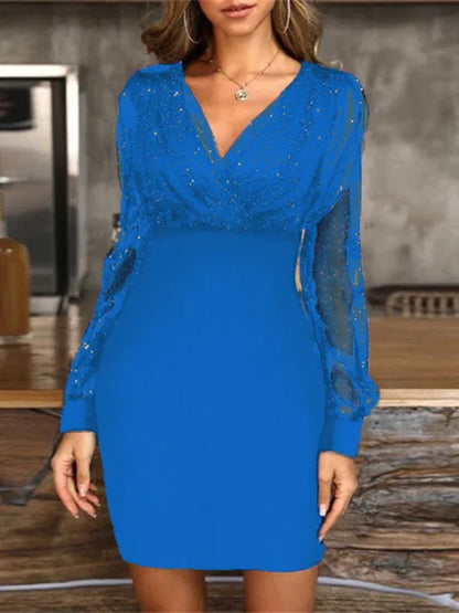 Mesh V-Neck Sequined Long-Sleeved Slim Dress for Women - Shello's Creative Boutique