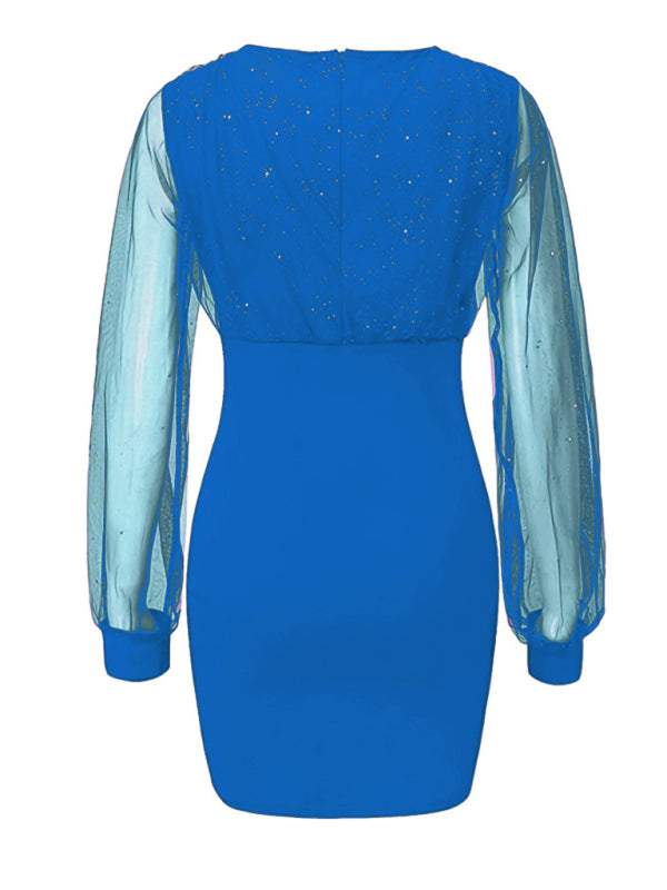 Mesh V-neck sequined long-sleeved dress slim dress for women Shello Creative Boutique