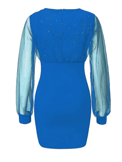 Mesh V-Neck Sequined Long-Sleeved Slim Dress for Women - Shello's Creative Boutique