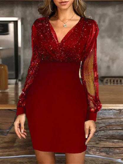 Mesh V-Neck Sequined Long-Sleeved Slim Dress for Women - Shello's Creative Boutique